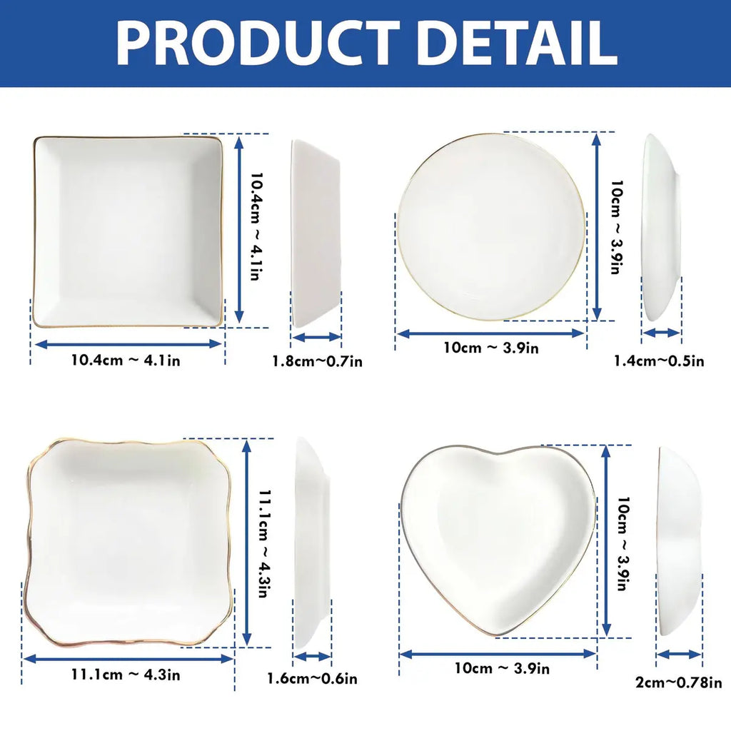 Shape and size options chart showing round, square, heart and scalloped ceramic ring dishes for pet mom