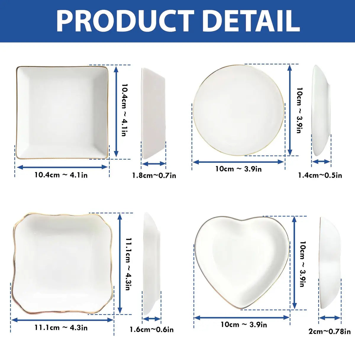 Shape and size options chart showing round, square, heart and scalloped ceramic ring dishes for pet mom