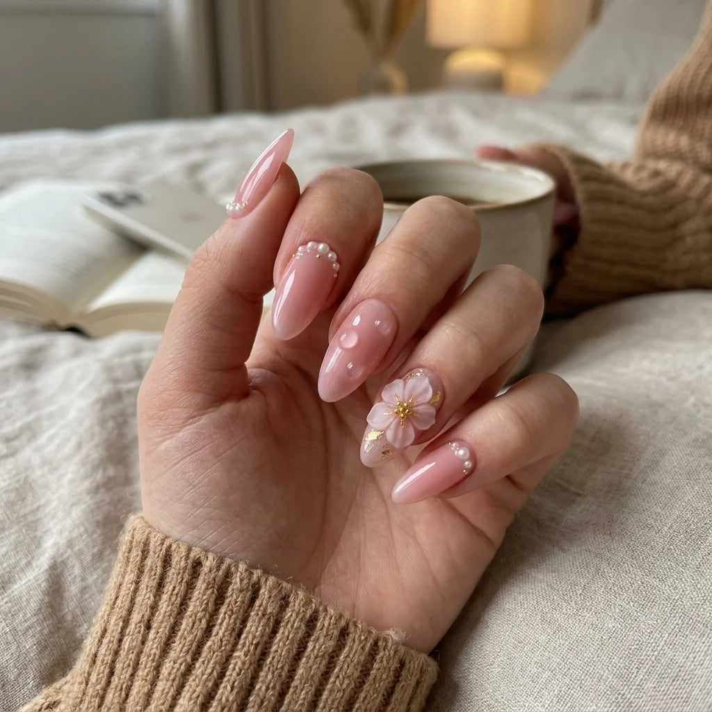 pink 3d almond medium press on nails blossom pearl flat lay 01