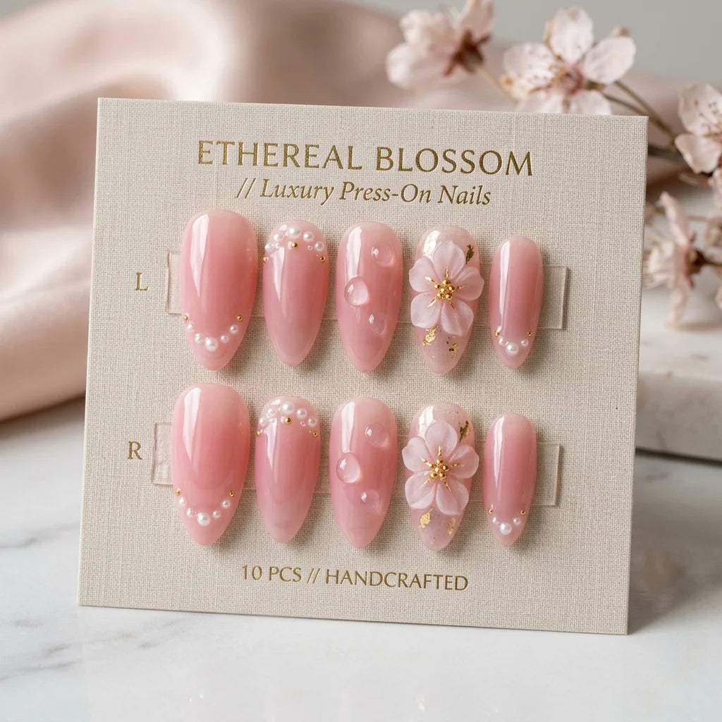 pink 3d almond medium press on nails blossom pearl mockup 02