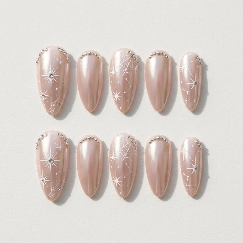 pink 3d chrome almond press on nails star gemstone web flat lay 01