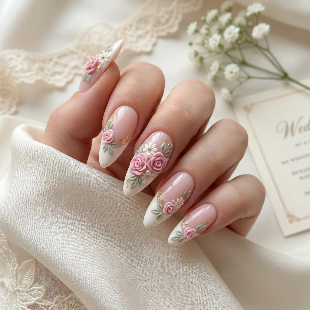 pink 3d rose french tip almond medium press on nails mockup 02