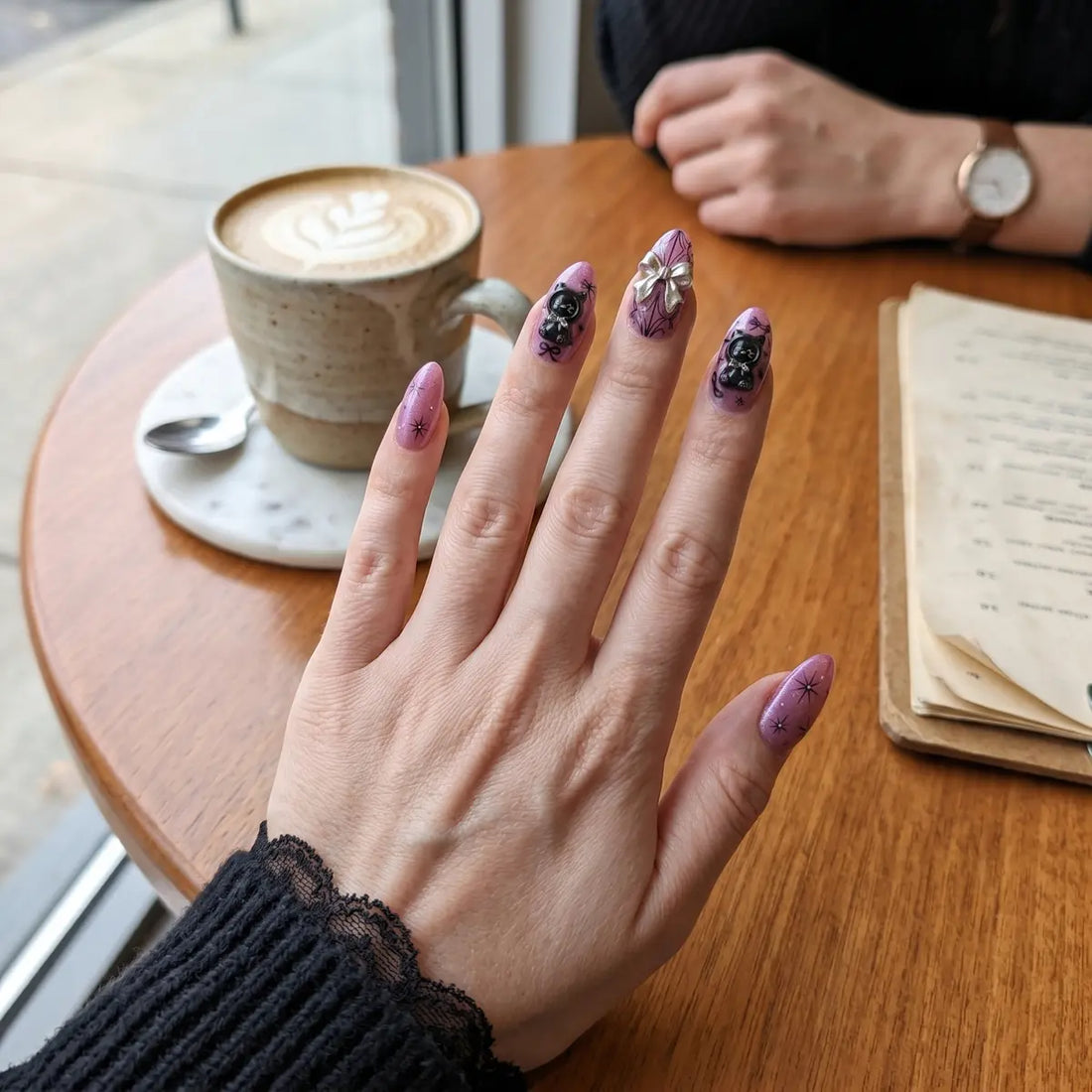 pink black 3d almond press on nails cat bow star spiderweb lifestyle 02