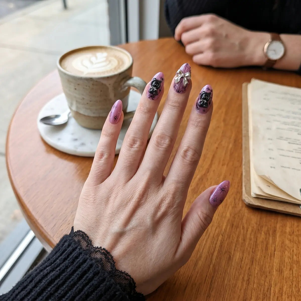 pink black 3d almond press on nails cat bow star spiderweb detail 03