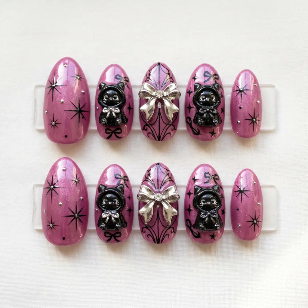 pink black 3d almond press on nails cat bow star spiderweb mockup 01
