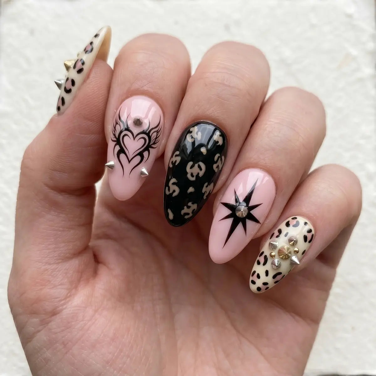 pink black 3d almond press on nails gothic heart leopard spike lifestyle 02