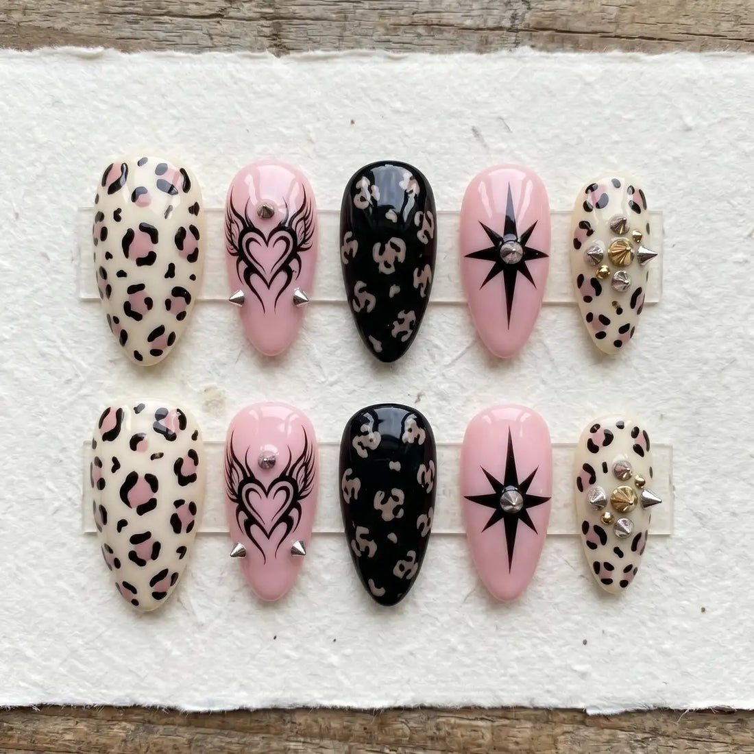 pink black 3d almond press on nails gothic heart leopard spike lifestyle 02