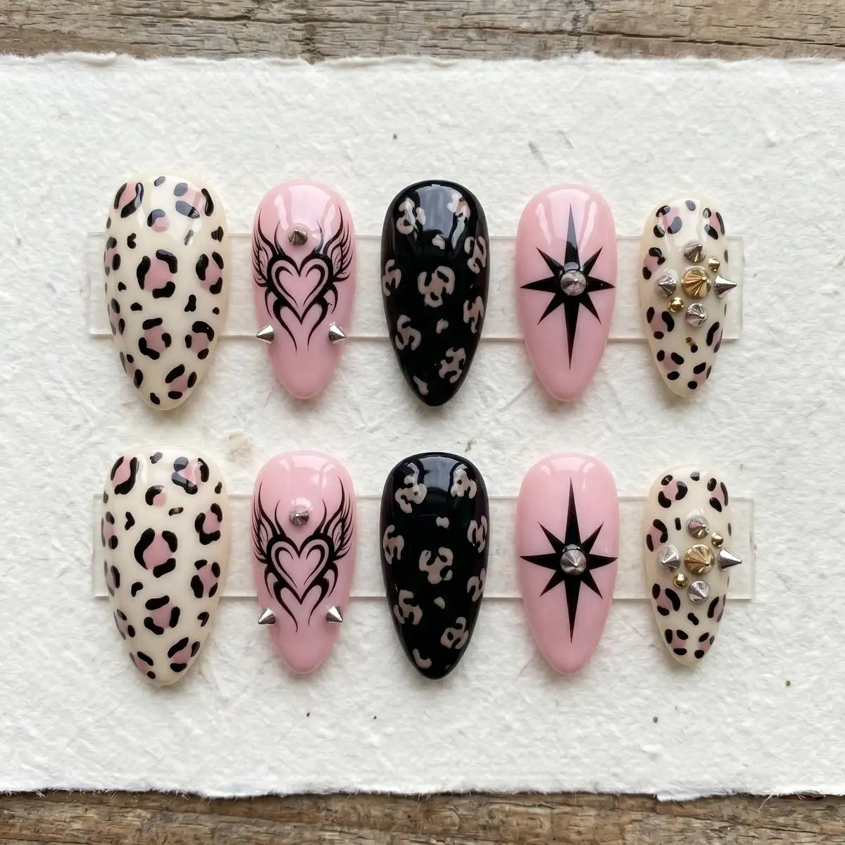 pink black 3d almond press on nails gothic heart leopard spike mockup 01