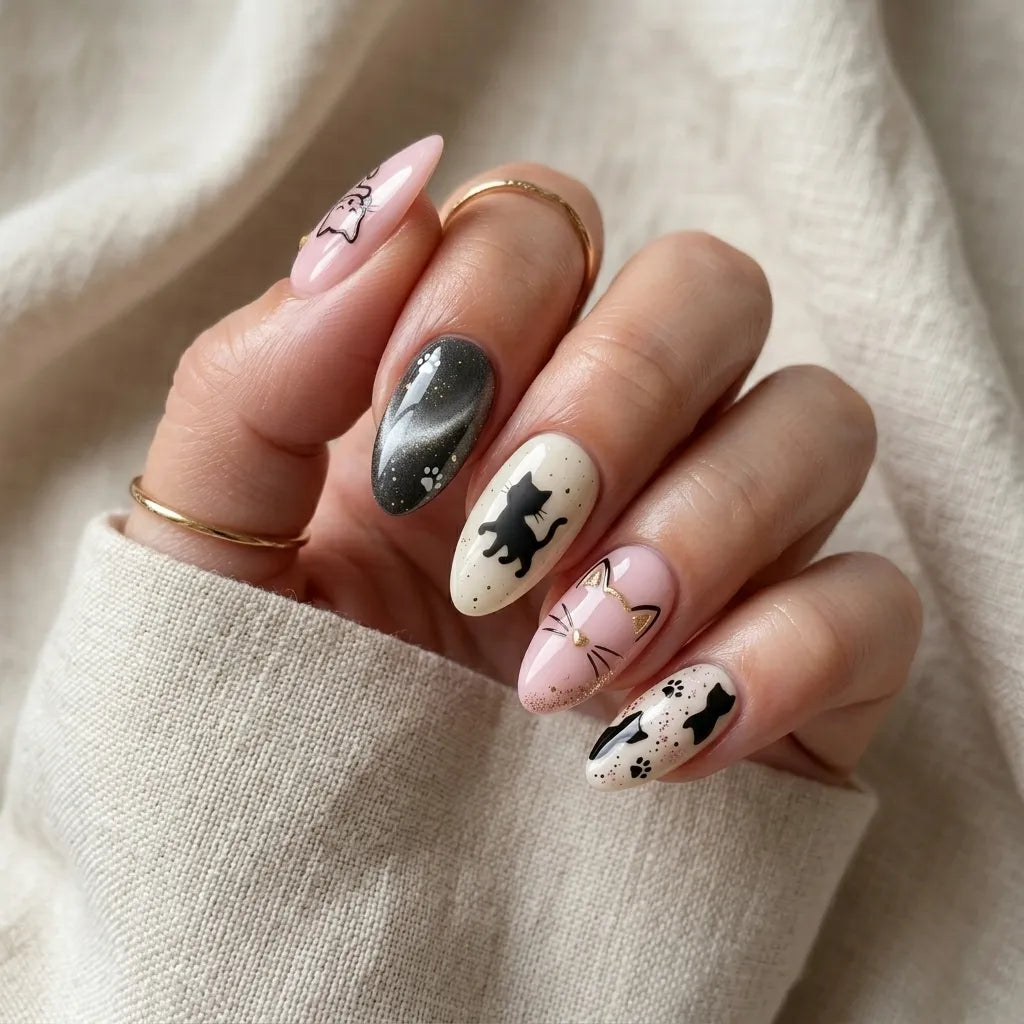 pink black white 3d cat eye almond press on nails cat silhouette detail 01
