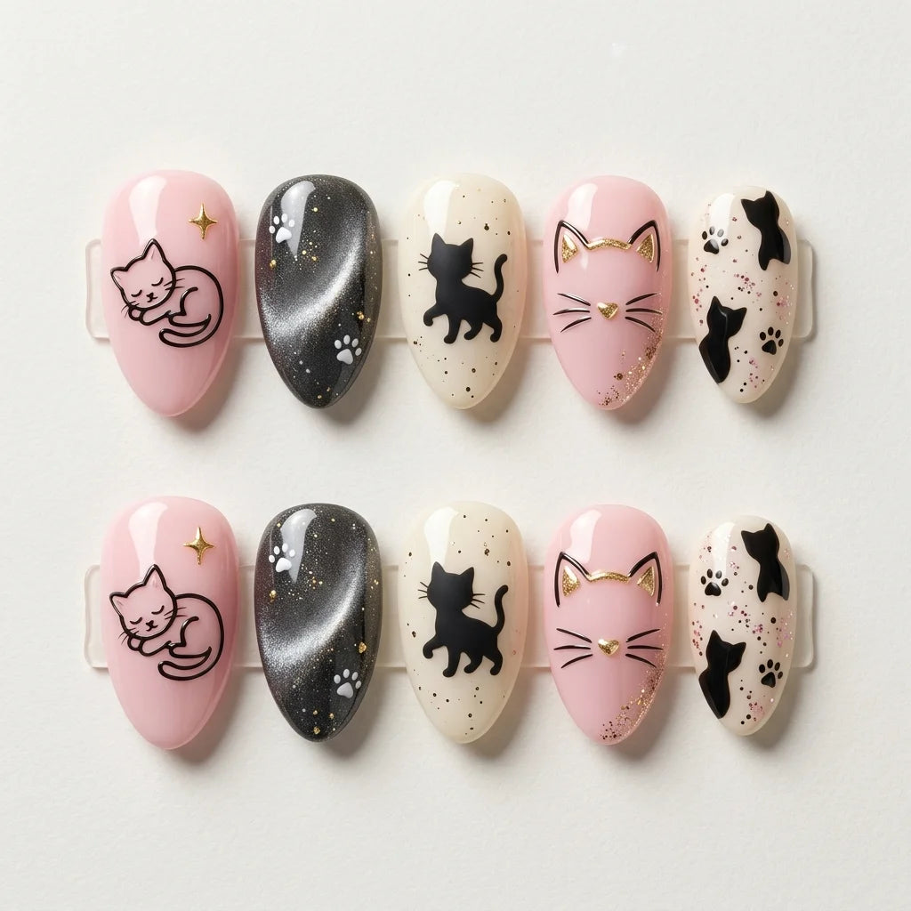 pink black white 3d cat eye almond press on nails cat silhouette lifestyle 01