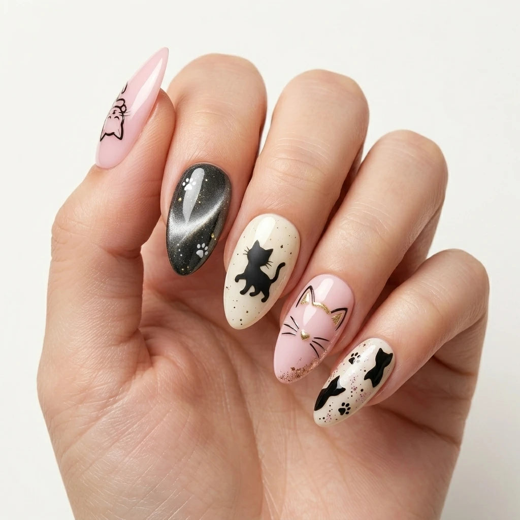 pink black white 3d cat eye almond press on nails cat silhouette mockup 01