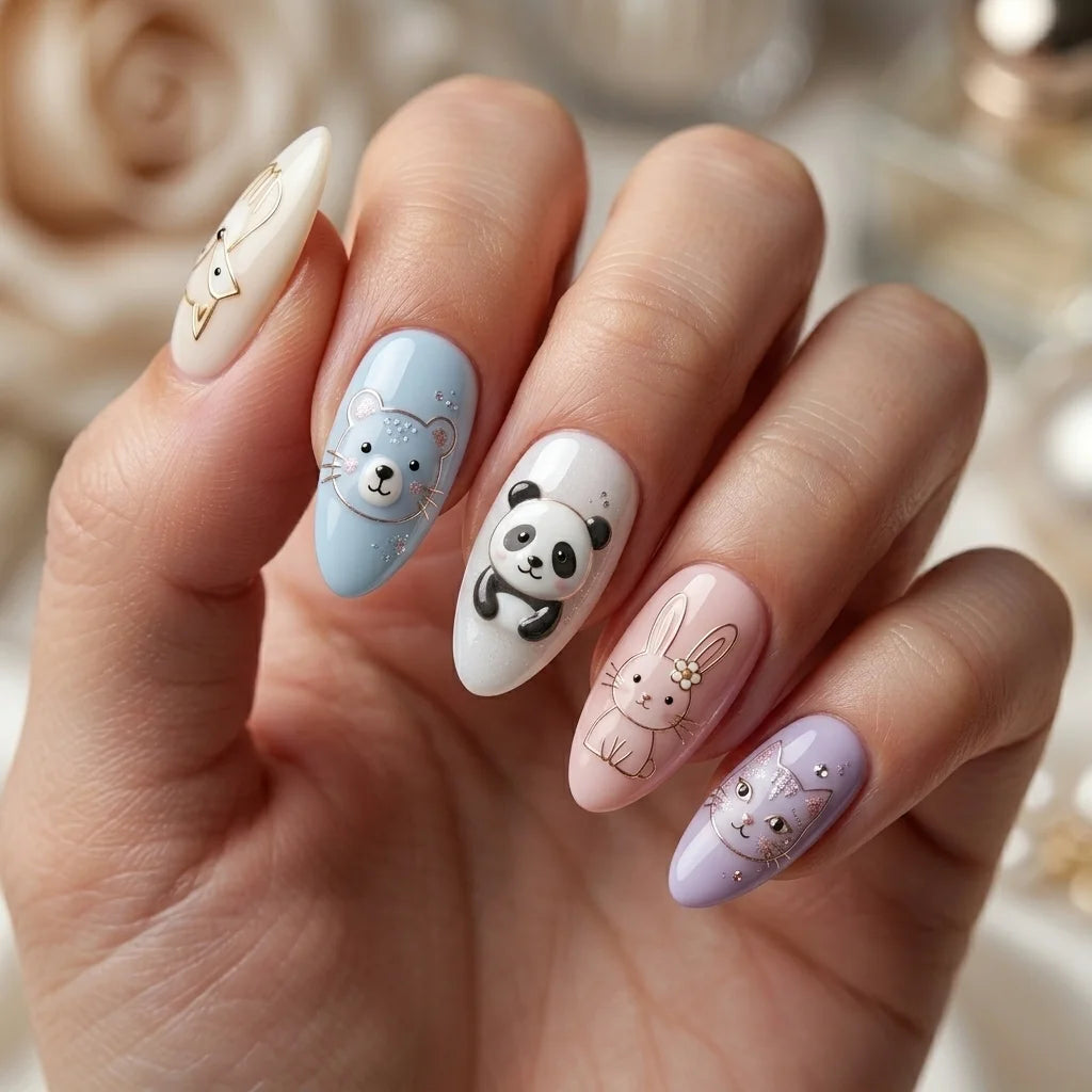 pink blue purple 3d almond press on nails cute animals glitter detail 01