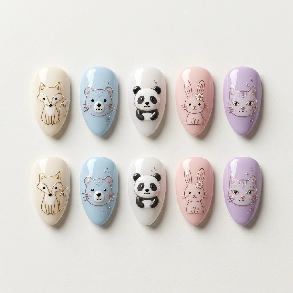 pink blue purple 3d almond press on nails cute animals glitter flat lay 01