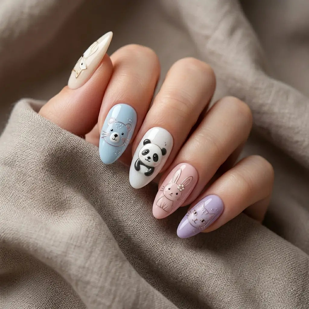 pink blue purple 3d almond press on nails cute animals glitter lifestyle 01