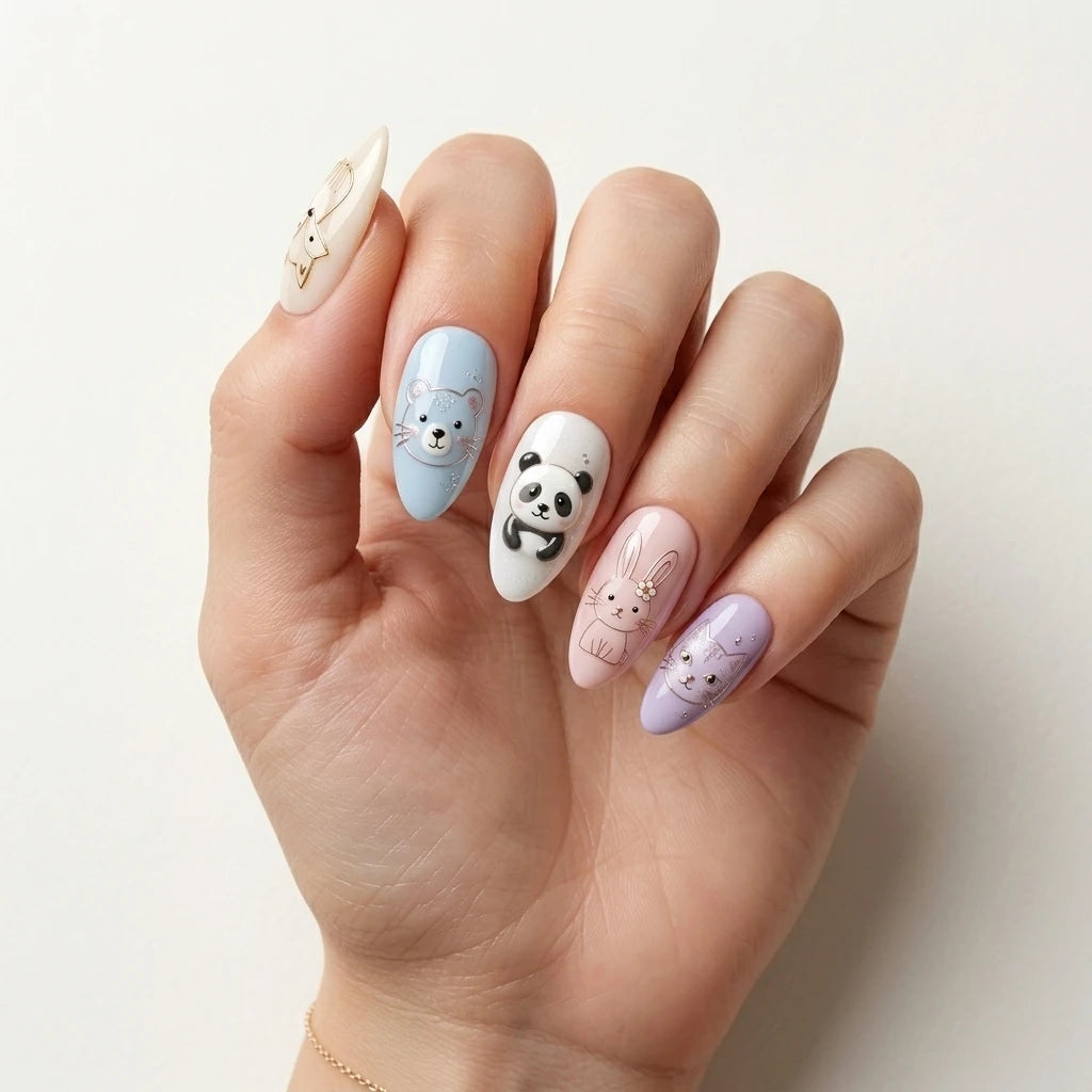 pink blue purple 3d almond press on nails cute animals glitter mockup 01