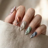 pink brown cat eye almond medium press on nails silver swirl detail 01