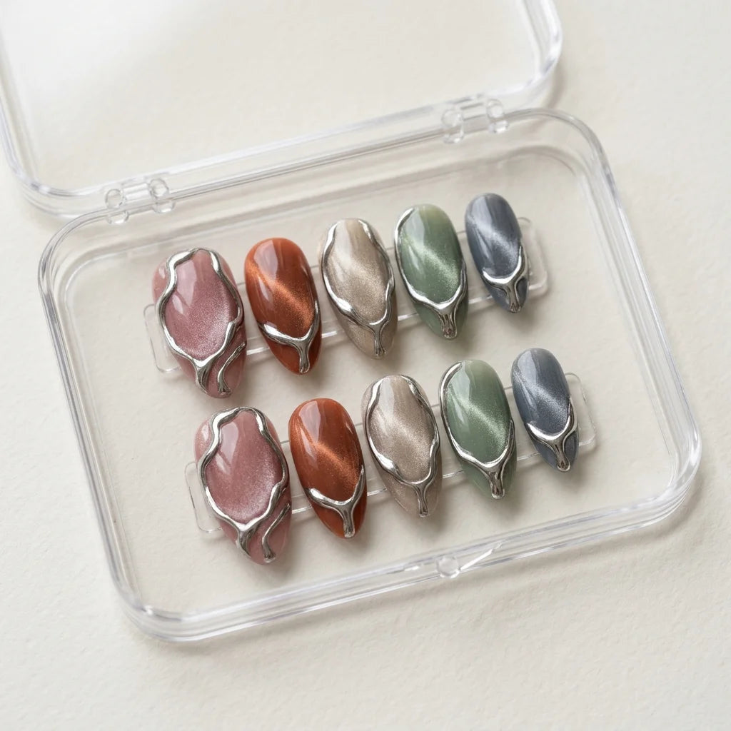 pink brown cat eye almond medium press on nails silver swirl flat lay 01