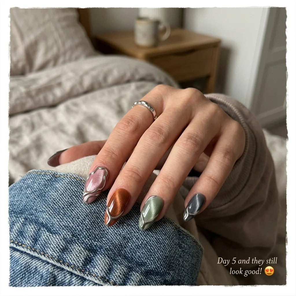 pink brown cat eye almond medium press on nails silver swirl mockup 01