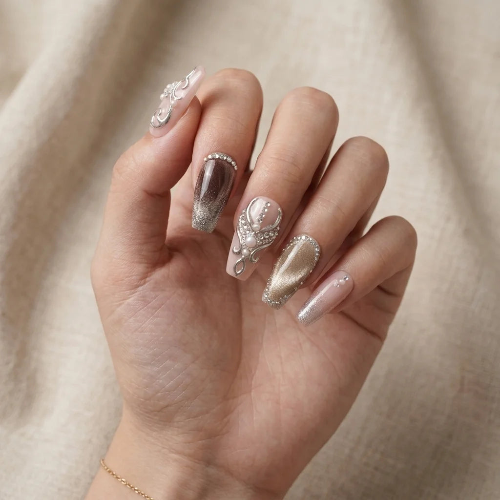 pink brown cat eye coffin medium press on nails silver pearl flat lay 01