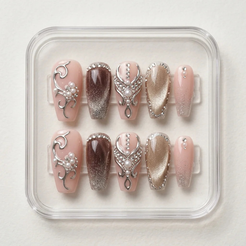 pink brown cat eye coffin medium press on nails silver pearl mockup 01