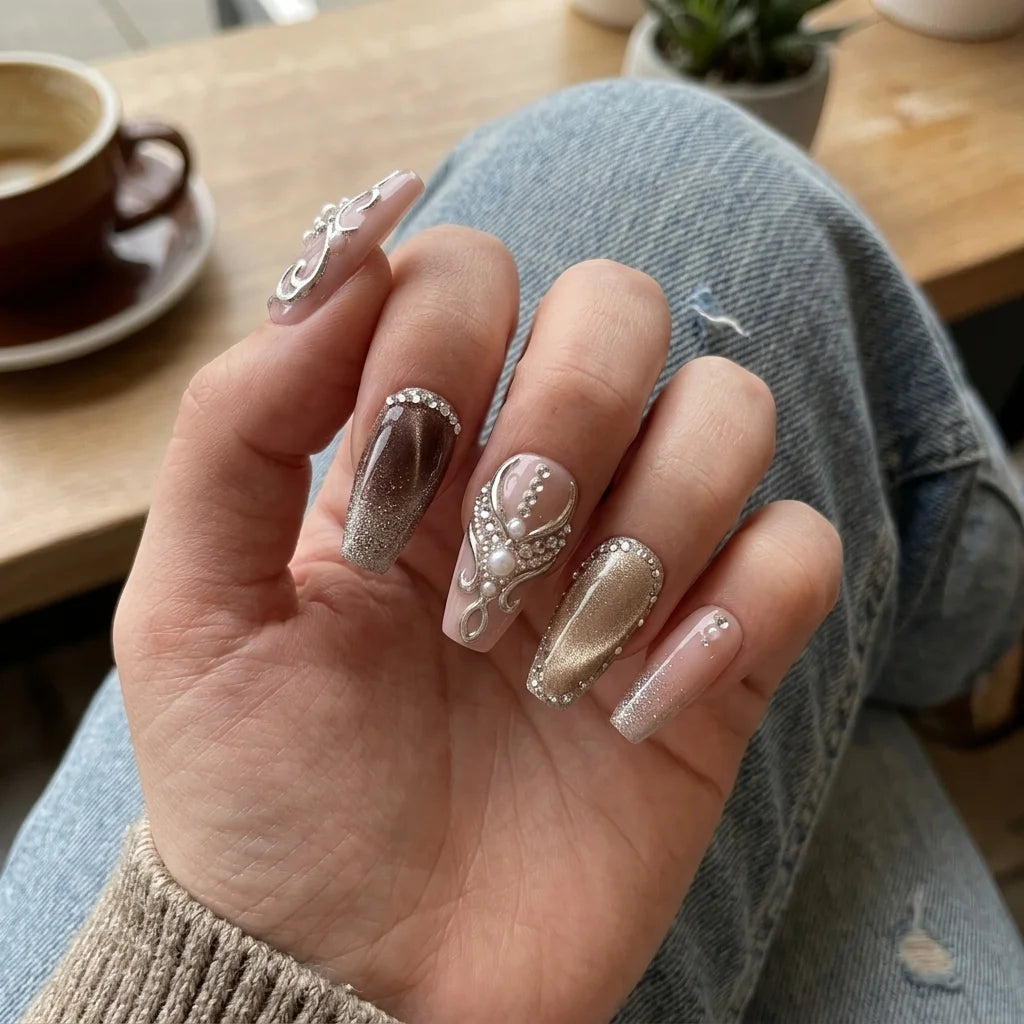 pink brown cat eye coffin medium press on nails silver pearl mockup 02