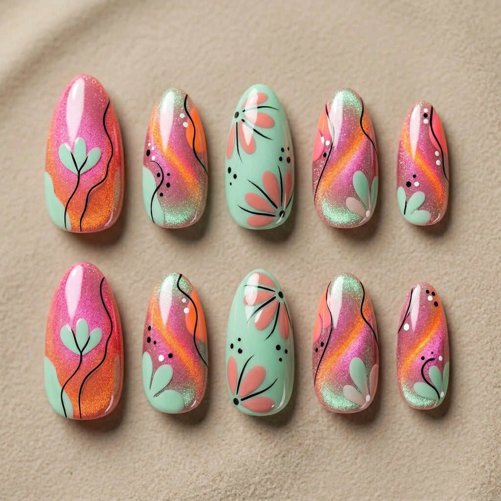 pink cat eye aura almond medium press on nails abstract floral mockup 01