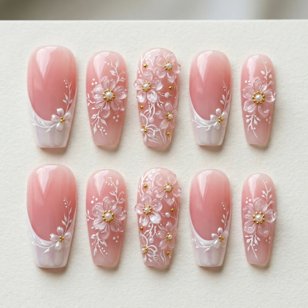 pink french tip 3d coffin medium press on nails clear flower flat lay 01