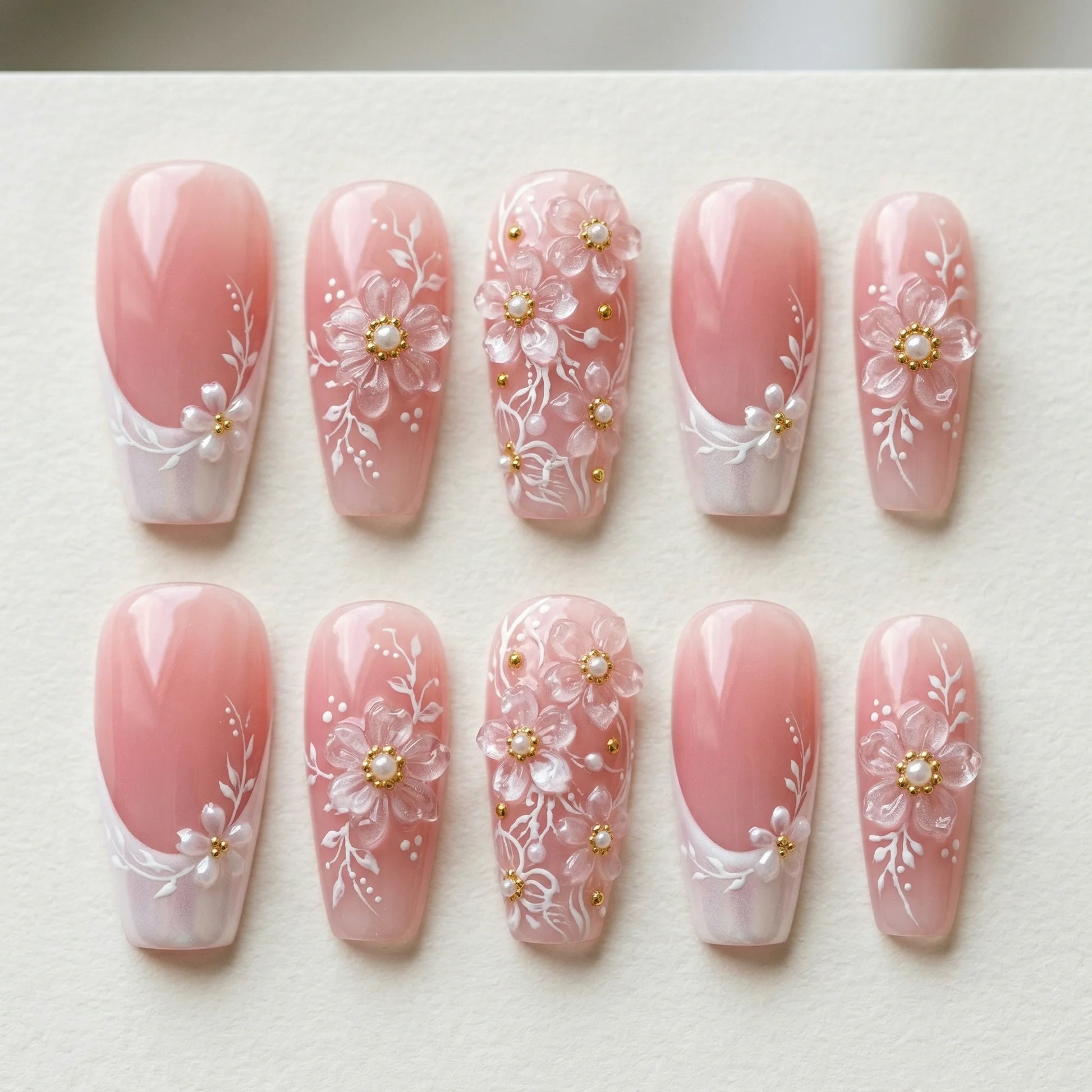 pink french tip 3d coffin medium press on nails clear flower flat lay 01