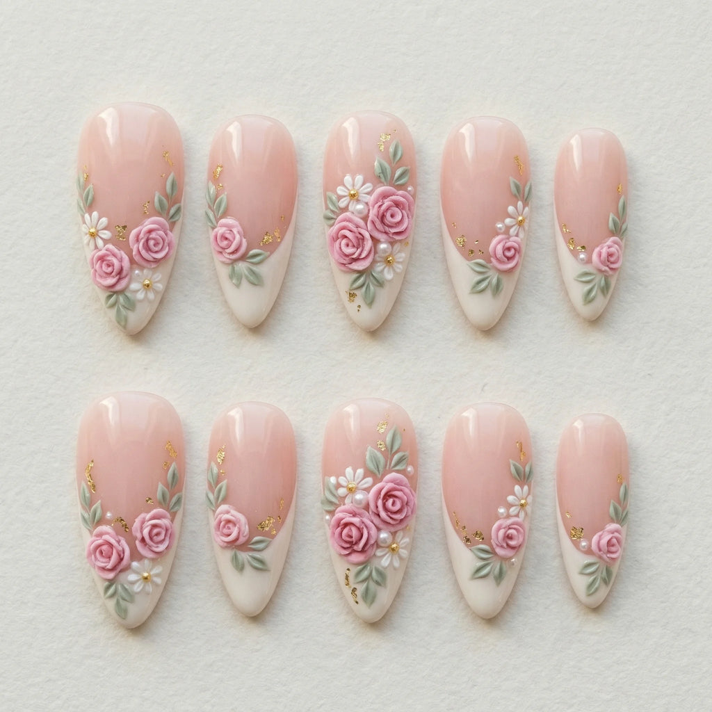 pink french tip almond medium press on nails 3d rose mockup 01