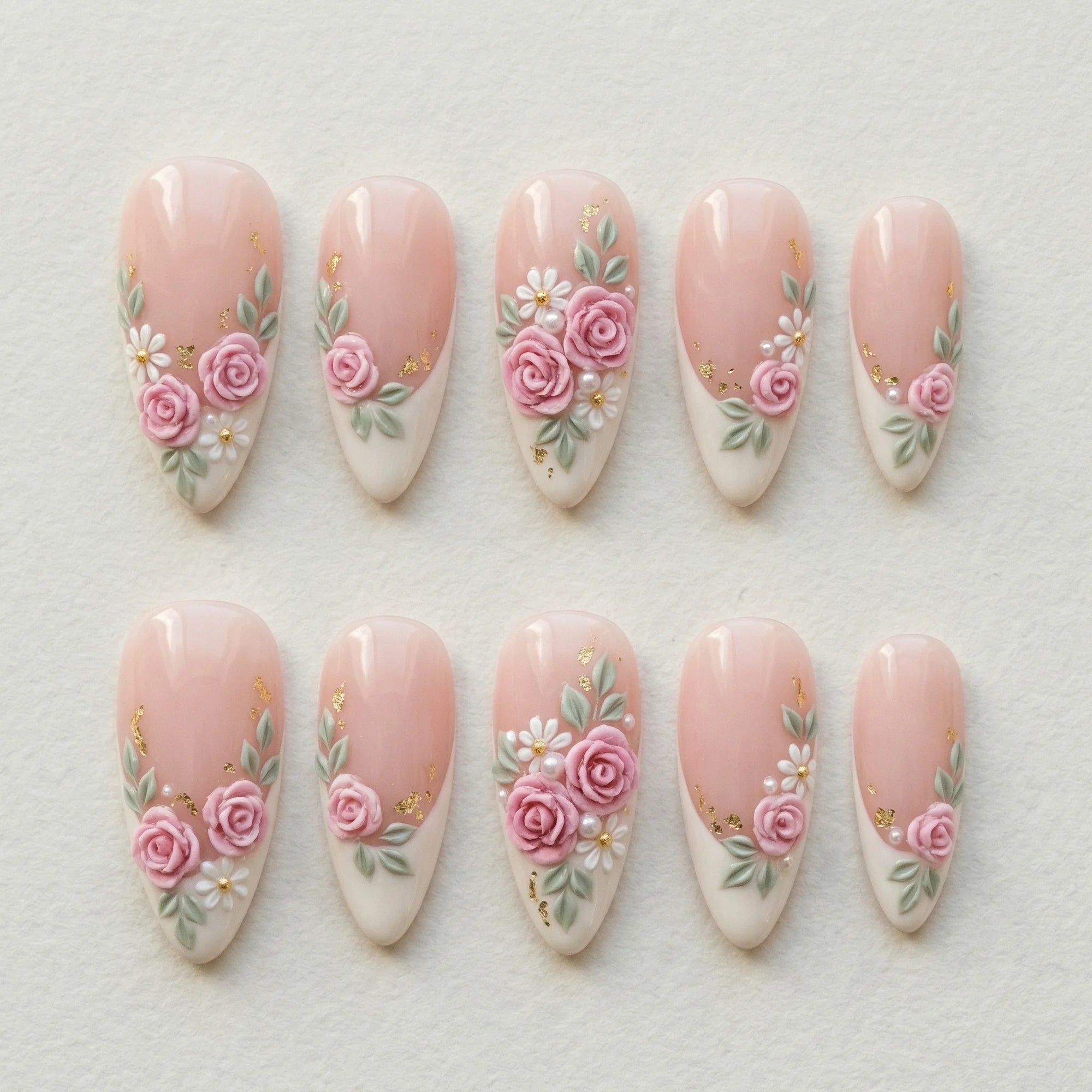 pink french tip almond medium press on nails 3d rose mockup 01