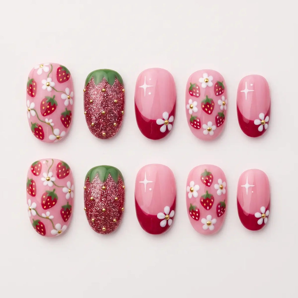 pink french tip oval press on nails strawberry flower star flat lay 01