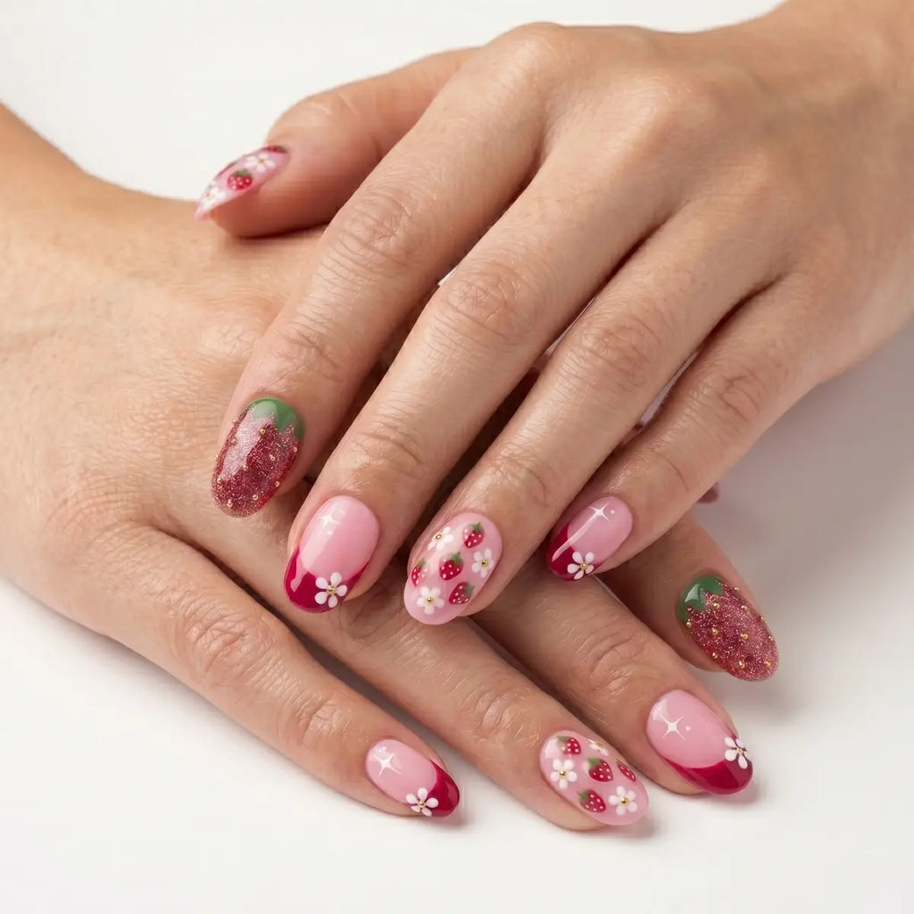 pink french tip oval press on nails strawberry flower star mockup 01
