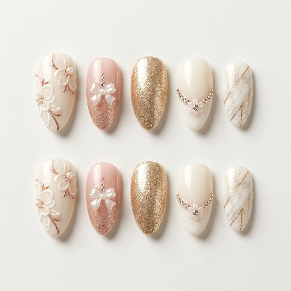 pink gold 3d rhinestone almond press on nails ribbon bow flower glitter flat lay 01
