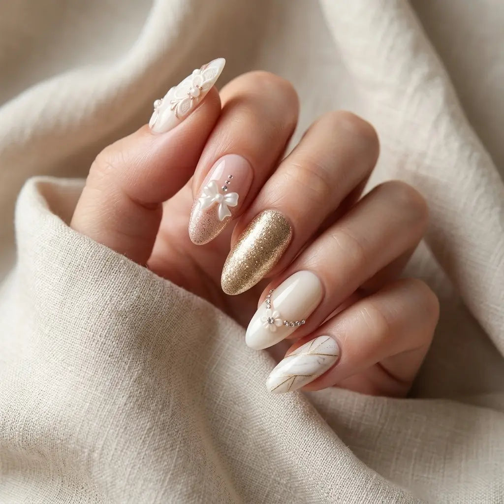 pink gold 3d rhinestone almond press on nails ribbon bow flower glitter lifestyle 01
