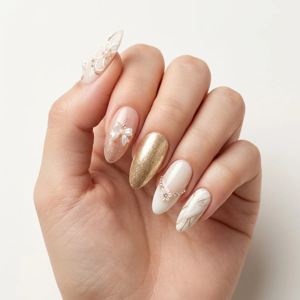 pink gold 3d rhinestone almond press on nails ribbon bow flower glitter mockup 01