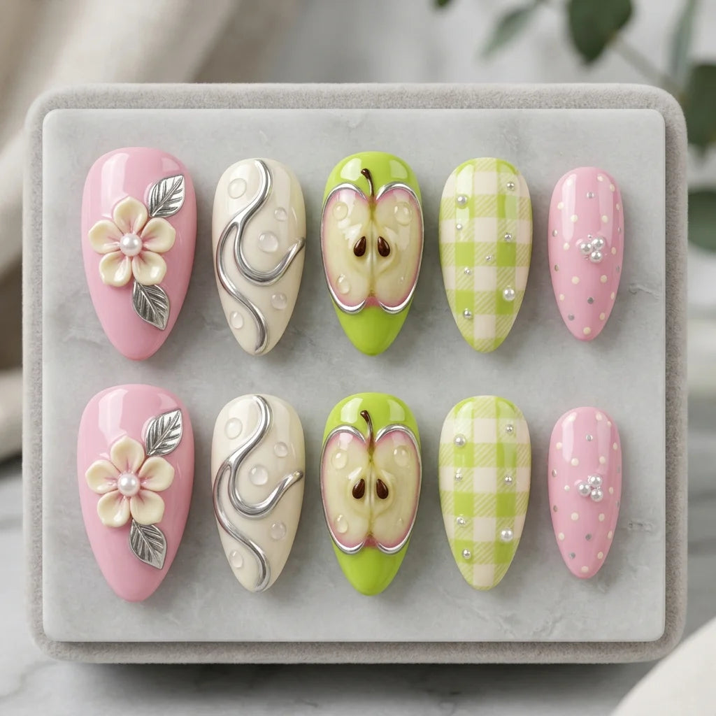 pink green almond medium press on nails fruit floral detail 01
