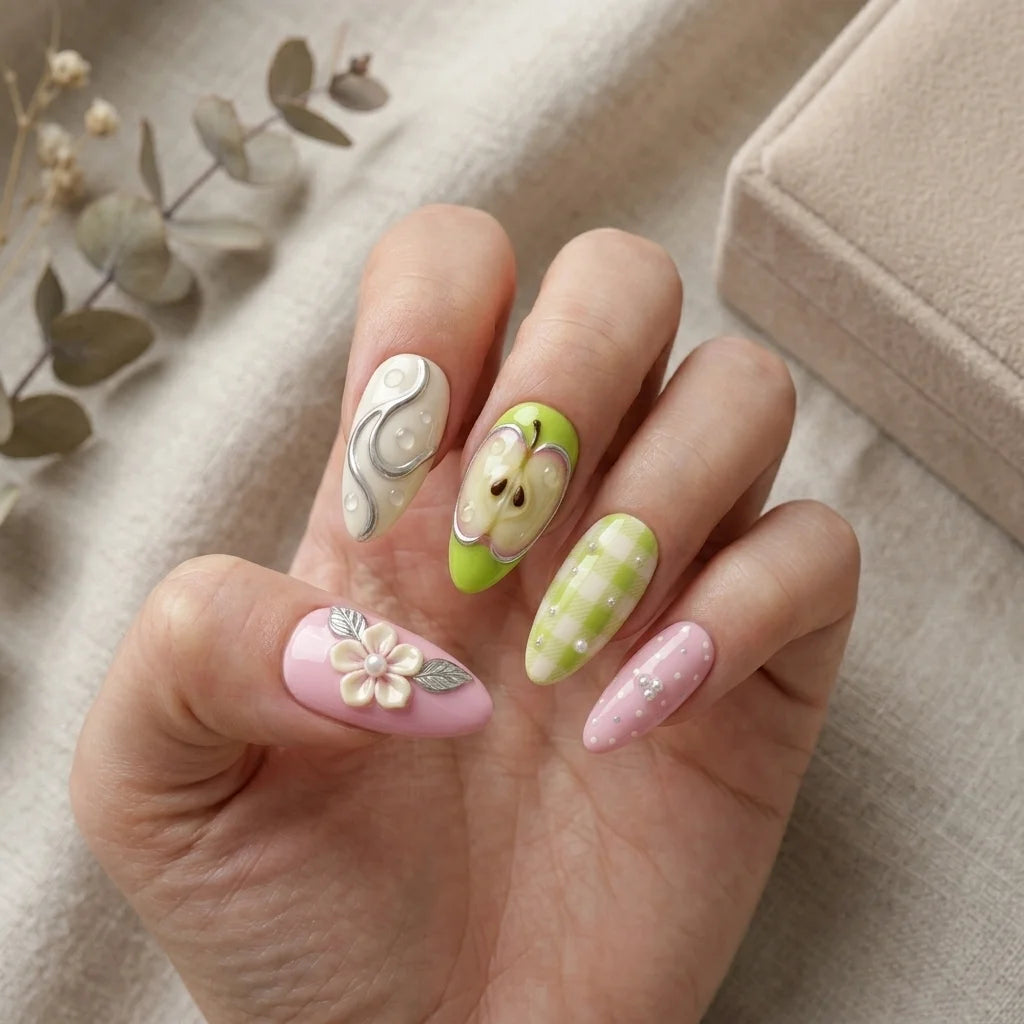 pink green almond medium press on nails fruit floral flat lay 01