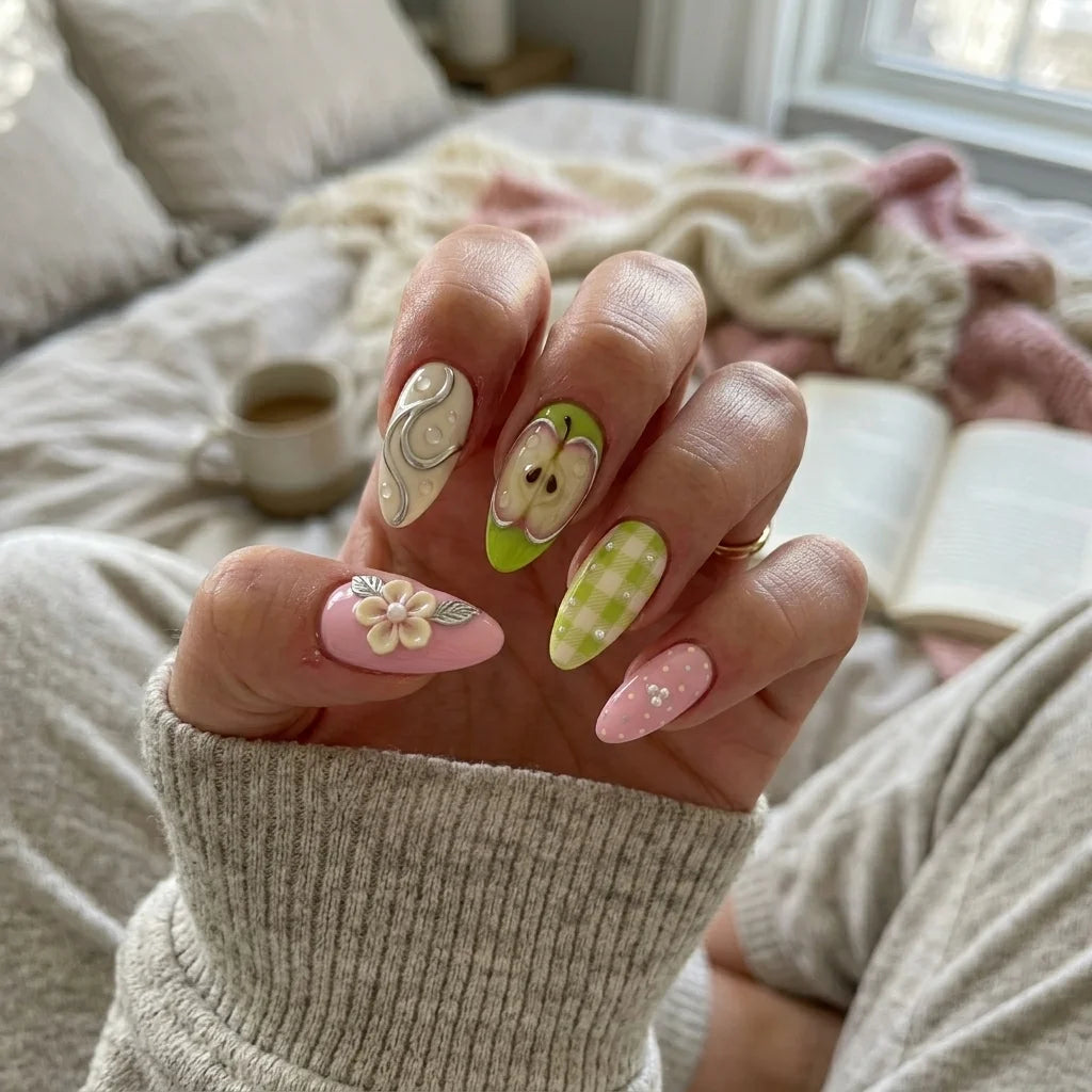 pink green almond medium press on nails fruit floral mockup 01