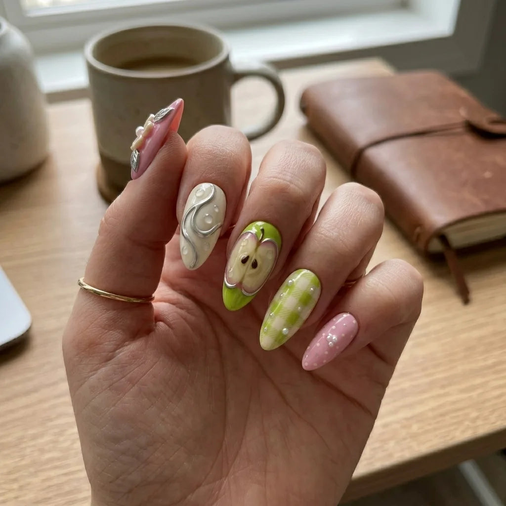 pink green almond medium press on nails fruit floral mockup 02