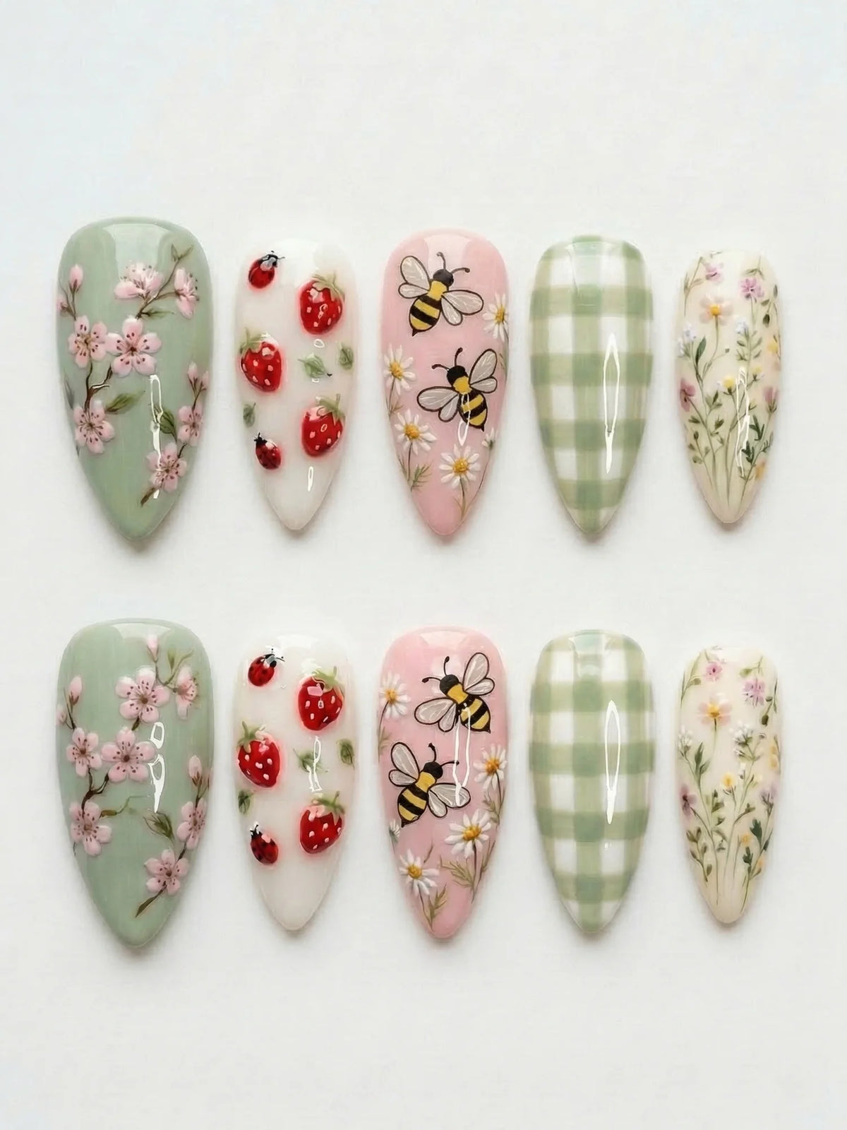 pink green red handpainted cottage garden bee strawberry cherry blossom gingham almond medium press on nails flat lay 01