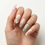 pink green white 3d almond press on nails floral pastel gold foil detail 01