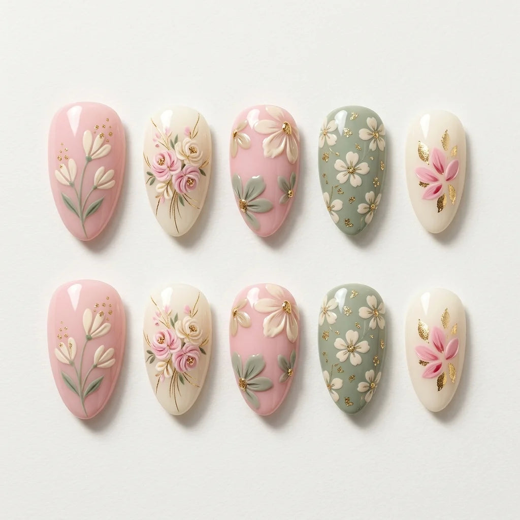 pink green white 3d almond press on nails floral pastel gold foil lifestyle 01