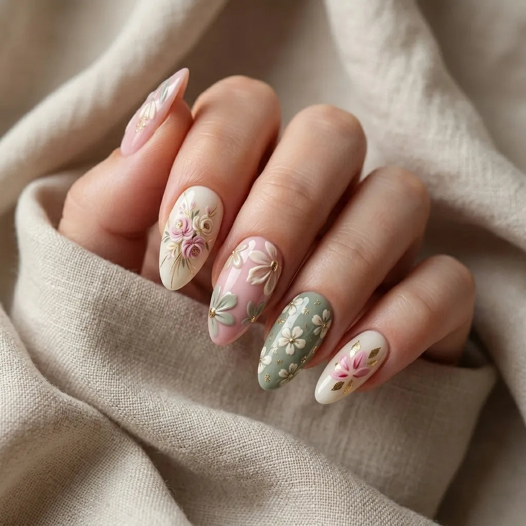pink green white 3d almond press on nails floral pastel gold foil mockup 01