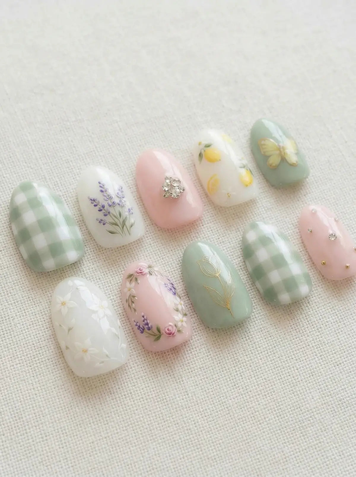 Pastel-colored nail art designs on a textured surface