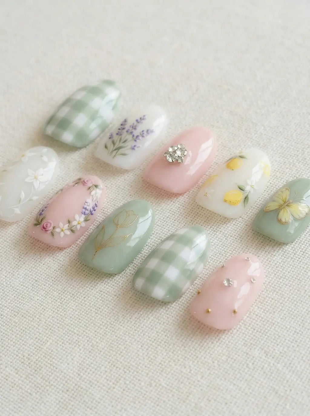 Pastel-colored nail art with floral and checkered patterns on a light background
