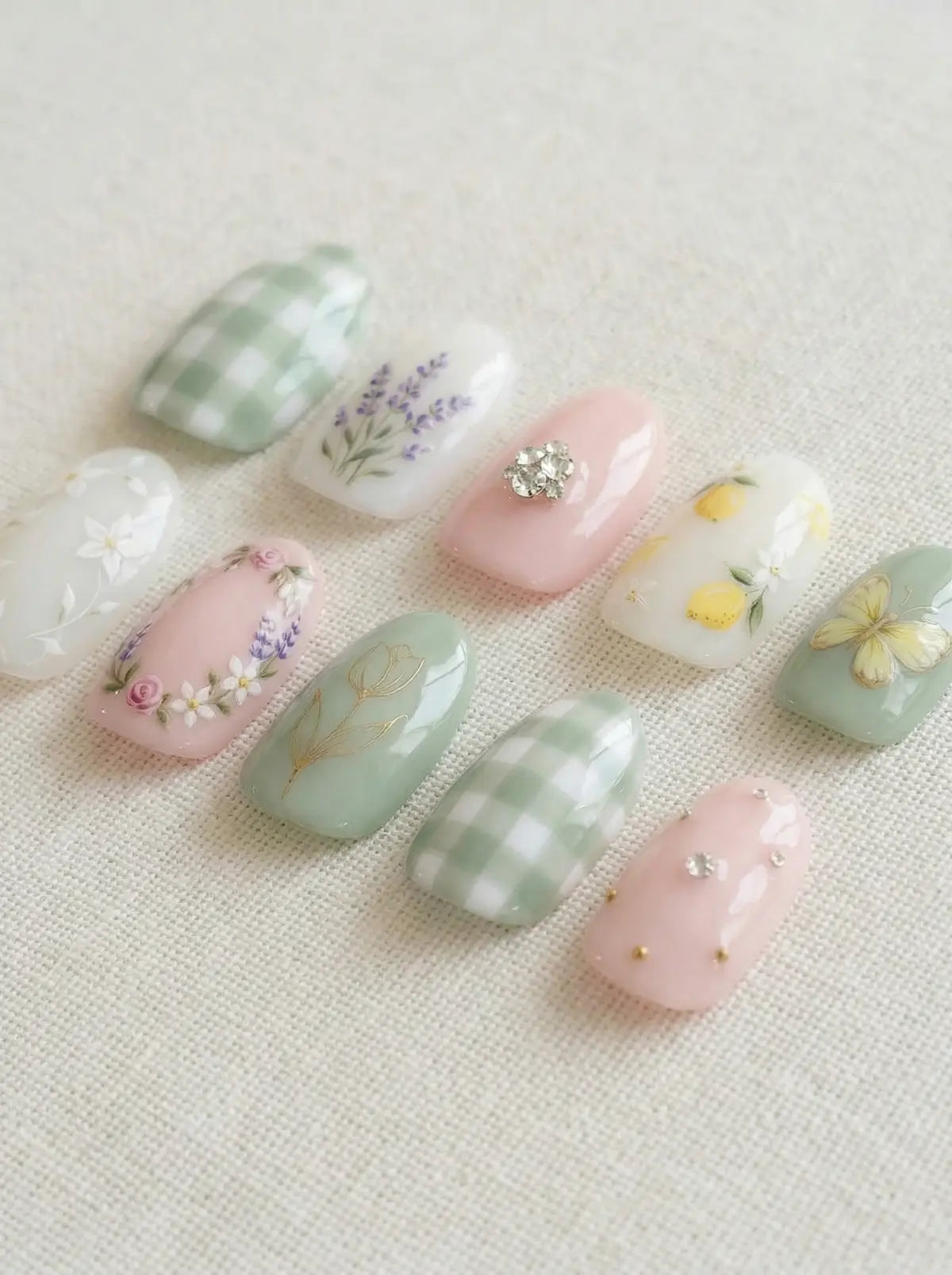 Pastel-colored nail art with floral and checkered patterns on a light background