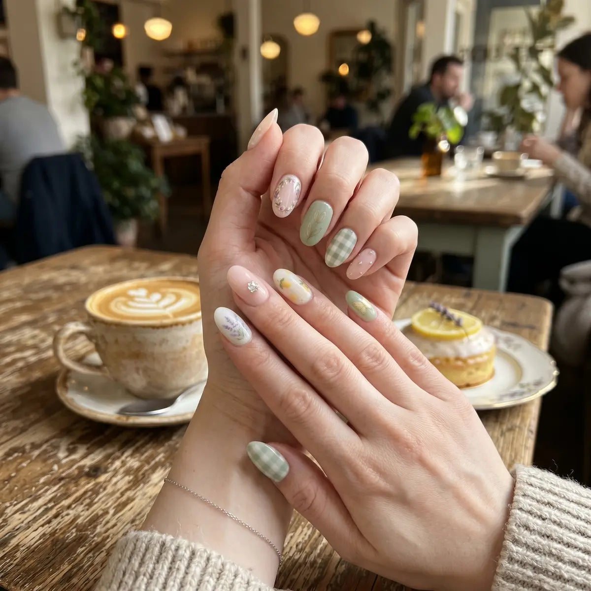 Close-up of hands with pastel nail polish in a cafe setting