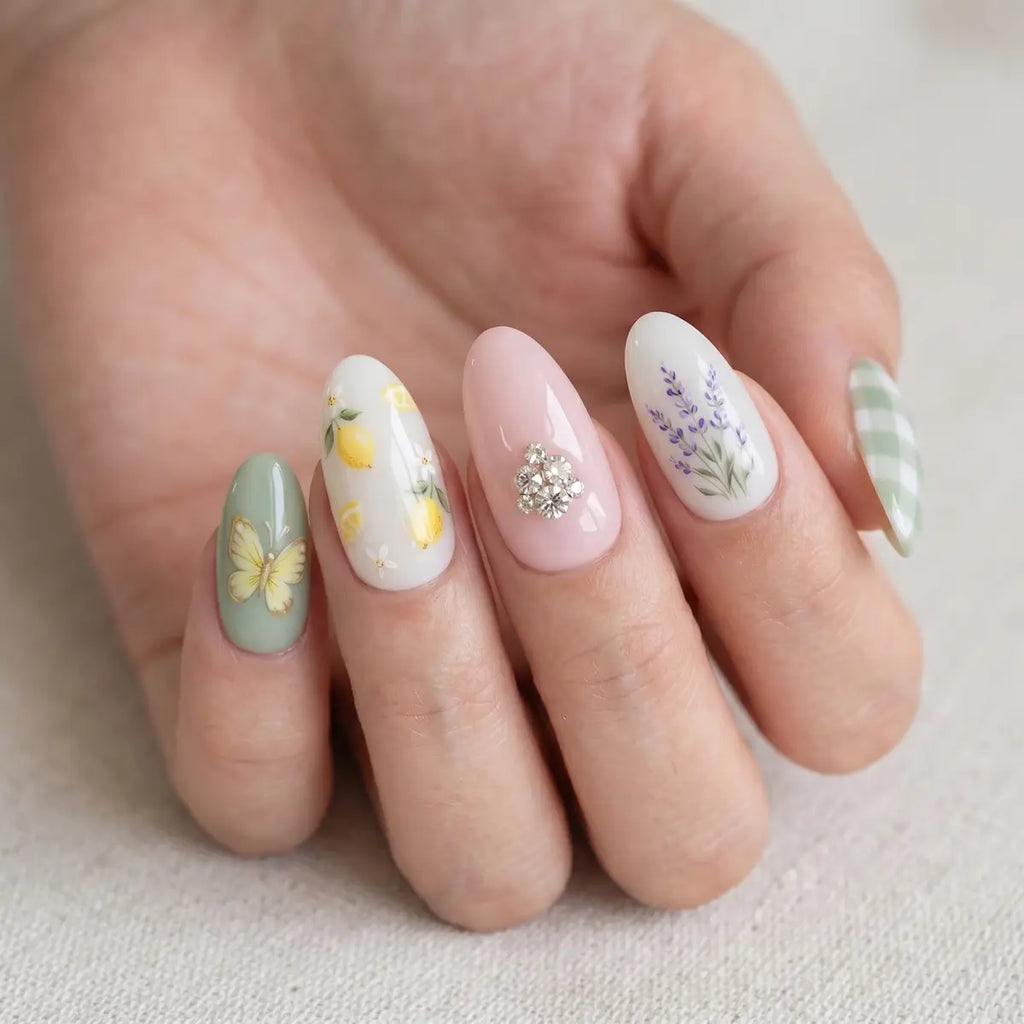Hand with intricately designed nails featuring floral and butterfly patterns on a light background