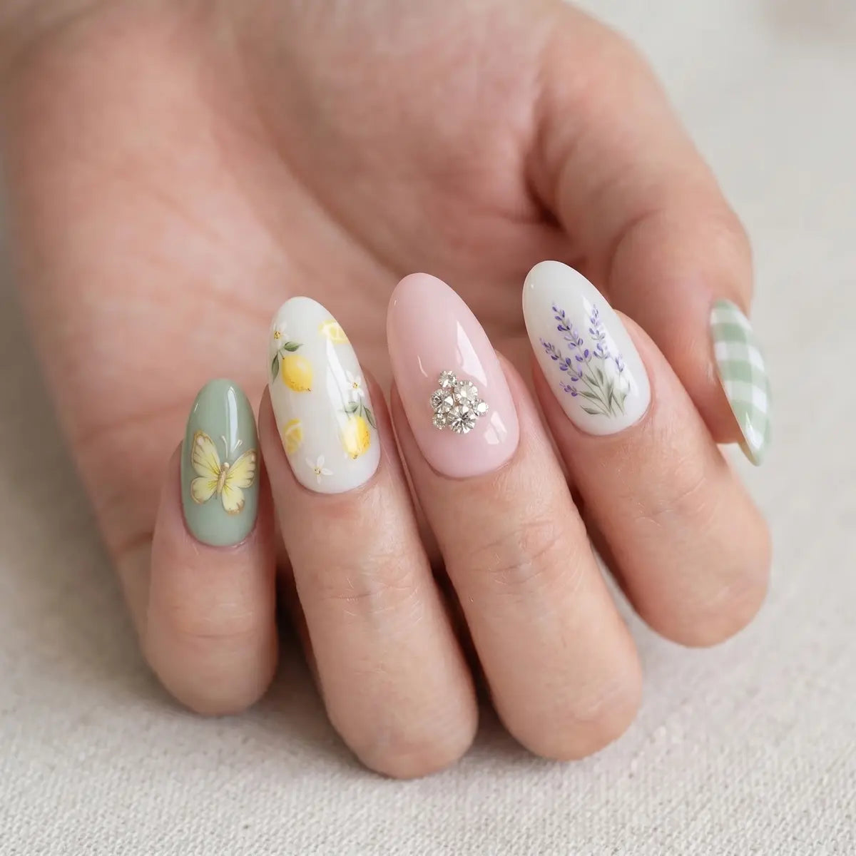 Hand with intricately designed nails featuring floral and butterfly patterns on a light background