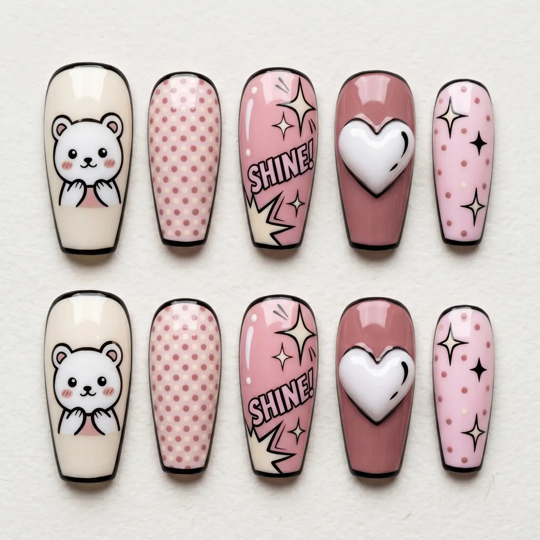 pink hand painted coffin press on nails pop art 3d heart bear shine mockup 01
